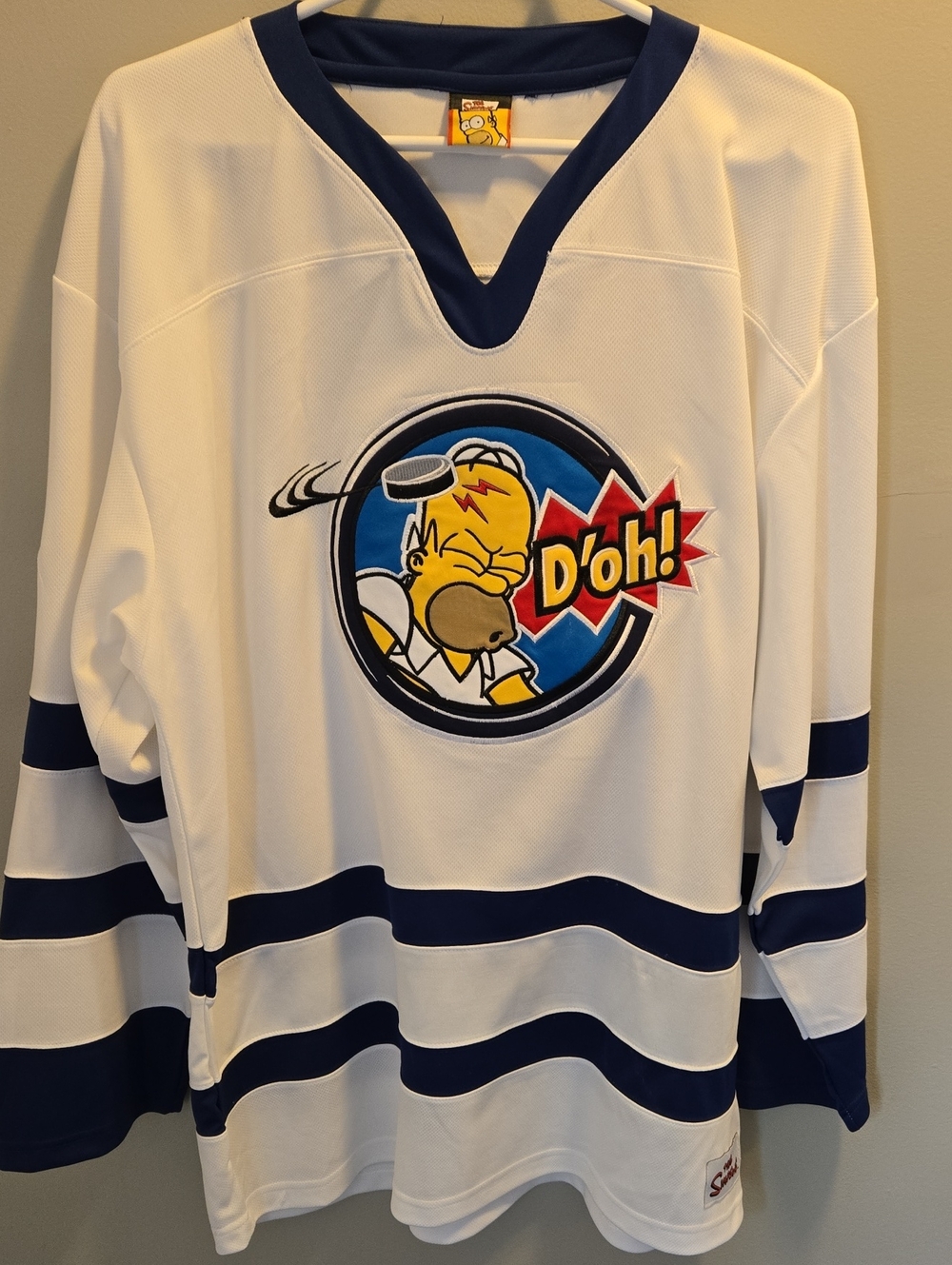White & Navy Hockey-Style Fan Jersey with 'D'oh!' Graphic